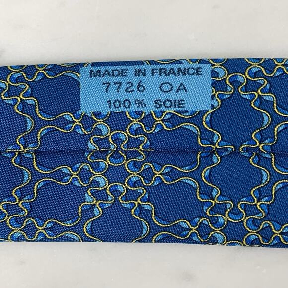 HERMES 100% Silk Tie 56”x3.5” Blue Gold Curly Ribbon on Blue 7726 Geometric EUC - Picture 5 of 5
